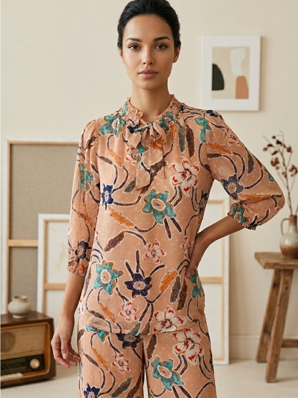 JOIE Women’s Sz XS Puff Balloon Sleeve Swiss Dot Apricot Floral Blouse